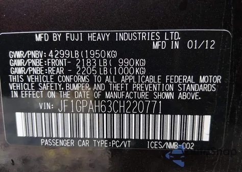 2012 Subaru Impreza 2.0I Limited z USA, uszkodzony, nr VIN JF1GPAH63CH220771